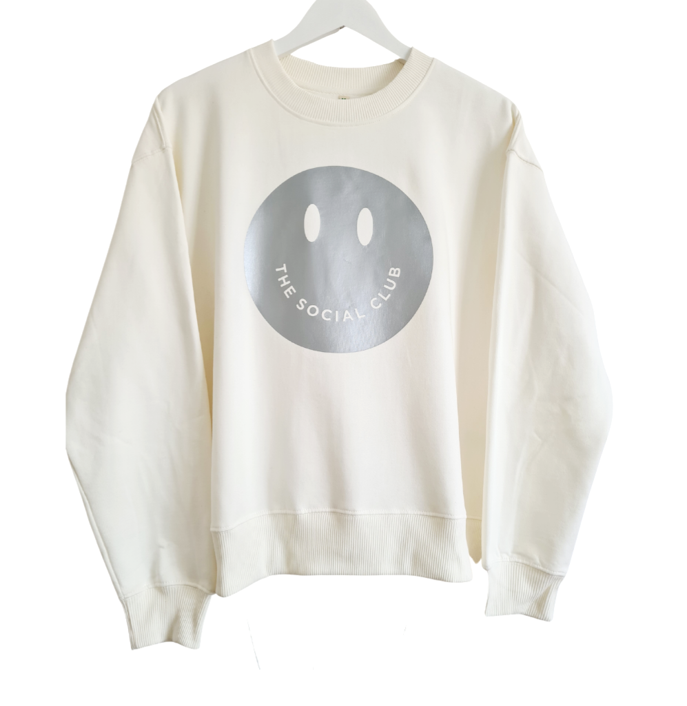 Misty White & Silver 100% Organic Happy Face Boxy Sweatshirt